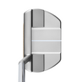 A top-down view of the Odyssey Ai-ONE Silver Milled Three T S Putter by Odyssey, a midsize mallet with a silver head, AI-designed roll tech, white alignment line, and metallic shaft, set against a white background.