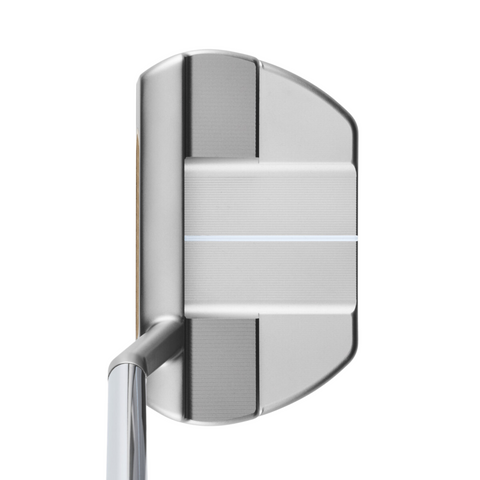 A top-down view of the Odyssey Ai-ONE Silver Milled Three T S Putter by Odyssey, a midsize mallet with a silver head, AI-designed roll tech, white alignment line, and metallic shaft, set against a white background.