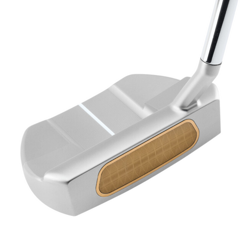 A close-up of the Odyssey Ai-ONE Silver Milled Three T S Putter by Odyssey, showing its midsize mallet head with a gold insert featuring AI-designed roll technology and a white alignment line on top.