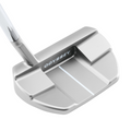 The Odyssey Ai-ONE Silver Milled Three T S Putter by Odyssey is a midsize mallet with a white center alignment line, AI-designed roll technology, and a sleek, textured silver finish.