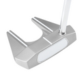 The Callaway Odyssey Ai-ONE Silver Seven DB Putter features a silver, angular design with a white Ai face insert and two top alignment lines for precise aiming.