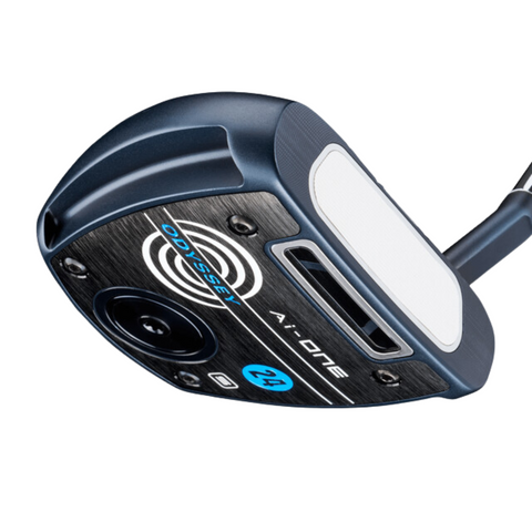 Close-up of the Odyssey Ai-ONE Slant Putter head by Odyssey, highlighting its black and silver design, white side insert, blue swirl logo on the face, precision milled surface, and slant-neck style.