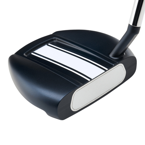 Close-up of the Odyssey Ai-ONE Slant Putter by Odyssey, showing its white alignment line, precision milled face insert, slant-neck design, and metal shaft.