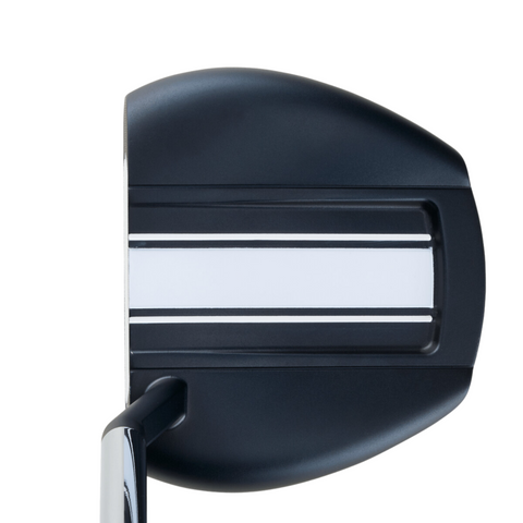 The Odyssey Ai-ONE Slant Putter by Odyssey features a wide, rounded black head with a slant-neck design and a white alignment stripe, shown top-down against a white background.