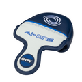 A blue and white Odyssey headcover with AI-ONE and ODY text plus a spiral logo on top, designed for the Odyssey Ai-ONE Slant Putter, features blue stitching and sporty accents.