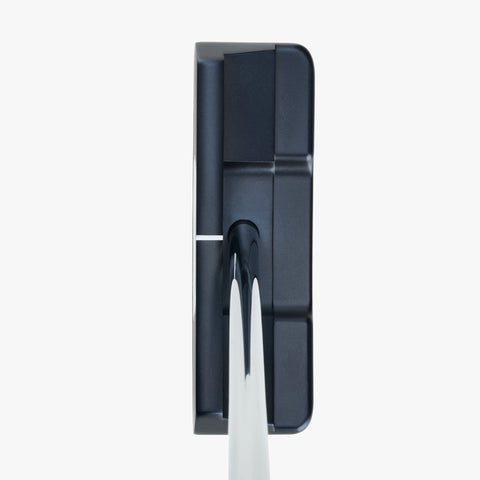 Top-down view of an Odyssey Ai-ONE Square 2 Square Double Wide Cruiser Putter, featuring a black design, white alignment line, AI-designed insert, and metallic shaft against a white background.