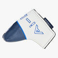 A white and navy blue Odyssey putter headcover with blue embroidery and a #1 PUTTER IN GOLF tag—ideal for your Odyssey Ai-ONE Square 2 Square Double Wide Cruiser Putter—displayed on a white background.