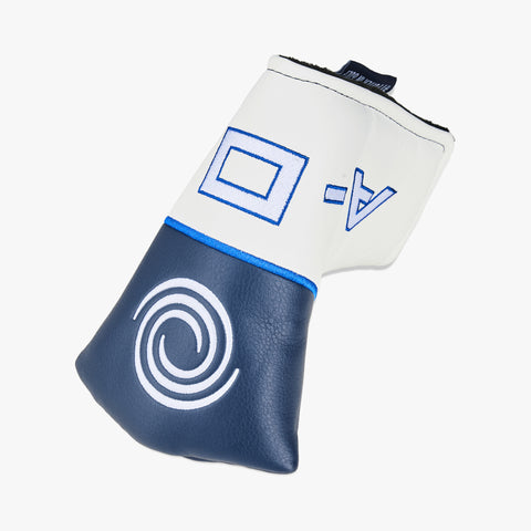 Protect your Odyssey Ai-ONE Square 2 Square Double Wide Cruiser Putter with this white and navy headcover, featuring a spiral logo on the navy section and A-0 stitched in blue on the white section.