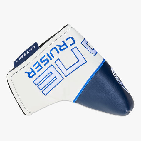 A white and navy Odyssey headcover with CRUISER and a blue geometric design, designed to perfectly match your Odyssey Ai-ONE Square 2 Square Double Wide Cruiser Putter.