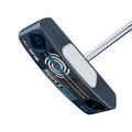 A close-up of the Odyssey Ai-ONE Square 2 Square Double Wide Putter by Odyssey, a blue and black wide blade golf putter, displays its face, branding, and shaft attachment against a white background.