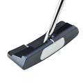 A close-up of the Odyssey Ai-ONE Square 2 Square Double Wide Putter from Odyssey, featuring a metallic shaft, black and silver club head, and a white striking face.