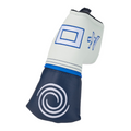 A white and navy blue headcover with blue geometric designs, white stitching, and a blue accent stripe—designed to perfectly complement your Odyssey Ai-ONE Square 2 Square Double Wide Putter by Odyssey.