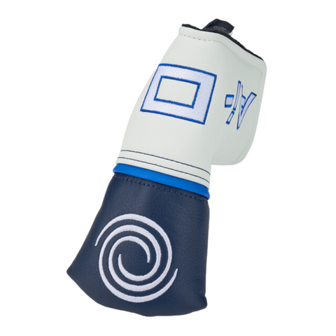A white and navy blue headcover with blue geometric designs, white stitching, and a blue accent stripe—designed to perfectly complement your Odyssey Ai-ONE Square 2 Square Double Wide Putter by Odyssey.
