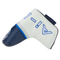A white and navy blue Odyssey putter headcover with A.I. in blue, designed for the Odyssey Ai-ONE Square 2 Square Double Wide Putter, featuring a #1 PUTTER IN GOLF tag.