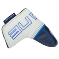 The Odyssey Ai-ONE Square 2 Square Double Wide Putter headcover features a white and navy blue design, bold blue lettering, and a black Odyssey tag, offering stylish protection for your wide blade putter.