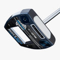 A close-up of the Odyssey Ai-ONE Square 2 Square Jailbird Broomstick Putter head shows a black and silver design with blue accents, bold Odyssey branding, a unique angular shape, and an angled anchoring shaft.