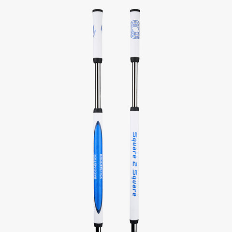 Two white and blue golf training sticks, labeled Square 2 Square and SWINGSTICK TRAINING CLUB, are ideal for practicing your swing before using the Odyssey Ai-ONE Square 2 Square Jailbird Broomstick Putter by Odyssey.