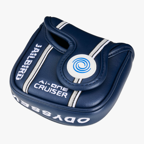 Protect your Odyssey Ai-ONE Square 2 Square Jailbird Broomstick Putter with this navy blue Odyssey headcover, featuring white stripes, logo, lettering, and a blue swirl emblem—ideal for anchoring-style putters.