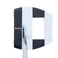 The Callaway Odyssey Ai-ONE Square 2 Square Jailbird Putter head, in white and black with three alignment dots and a central rectangular cutout, is shown from above on a white background.