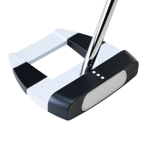 A close-up of the Callaway Odyssey Ai-ONE Square 2 Square Jailbird Putter, a modern centre-shafted design in black, white, and silver with three white alignment dots on the head and a metallic shaft.