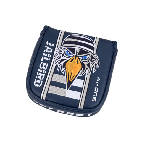 A navy blue zippered pouch featuring an embroidered eagle in a striped prison cap, bold blue eyes, and JAILBIRD in white—perfect for fans of the Callaway Odyssey Ai-ONE Square 2 Square Jailbird Putter.