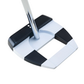 A close-up of the Callaway Odyssey Ai-ONE Square 2 Square Jailbird Putter displays its black and white geometric design and the shaft connected to the club head.
