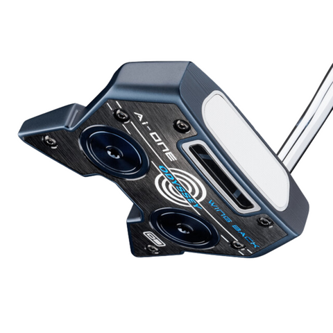 A close-up of the Odyssey Ai-ONE Wing Back DB Putter head by Odyssey features a metallic finish, detailed screws, white insert, and branded detailing, photographed against a white background to highlight its forgiveness and stability.