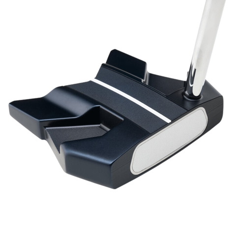 Close-up of the Odyssey Ai-ONE Wing Back DB Putter by Odyssey, featuring a modern black design, white alignment line, textured face, and chrome shaft—crafted for superior stability and forgiveness on the green.