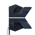 The Odyssey Ai-ONE Wing Back DB Putter by Odyssey features a black head with a unique angular design, white alignment line, and geometric shapes for stability and forgiveness, shown from above on a white background.