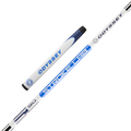 Close-up of an Odyssey Ai-ONE Wing Back DB Putter grip and shaft in white and blue, with Odyssey and Stroke Lab logos, model number S 90, inspired by the clubs stability and forgiveness.