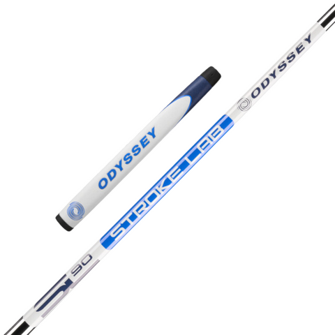 Close-up of an Odyssey Ai-ONE Wing Back DB Putter grip and shaft in white and blue, with Odyssey and Stroke Lab logos, model number S 90, inspired by the clubs stability and forgiveness.