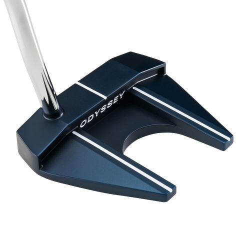 A close-up of the Odyssey Ai-One #7 Cruiser Putter | 38" by Odyssey showcases its dark blue angular mallet head with white alignment lines, counterbalance weighting, and a metallic shaft on a white background.