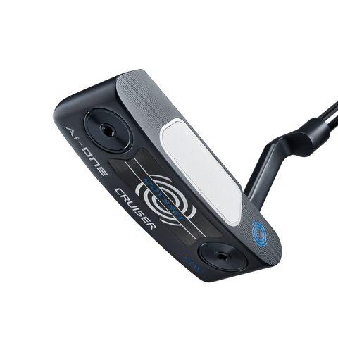 A close-up of the Odyssey Ai-One Double Wide Cruiser Putter | 38" by Odyssey, showcasing blue accents, a white AI-designed insert, and black and silver details on a plain white background.