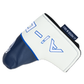 A white and navy blue headcover with bold stitching, blue embroidery, and a #1 PUTTER IN GOLF tag. Designed for the Odyssey Ai-One Double Wide Cruiser Putter | 38", known for its AI-designed insert and sleek, angular look.