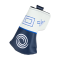 This Odyssey Ai-One Double Wide Cruiser Putter | 38" cover by Odyssey features navy blue and white geometric designs—square, triangle, spiral—and blue and white stitching on smooth, leather-like material.