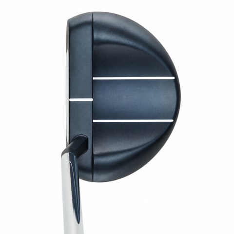 Overhead view of the Odyssey Ai-One Rossie putter head, showing its navy finish and white alignment lines.