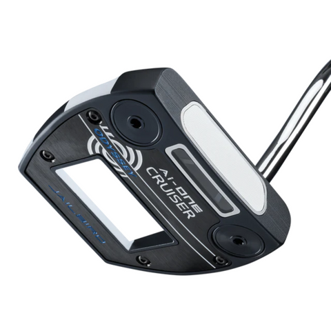 Close-up of the Odyssey Jailbird Cruiser Putter (Left Handed), a modern mallet putter with black and silver head, blue and white accents, Odyssey branding, and an angular high-tech design.