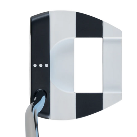 A close-up top view of the Odyssey Jailbird Cruiser Putter (Left Handed) by Odyssey, featuring a high-MOI mallet head with a central square cutout and three white alignment dots near the shaft.