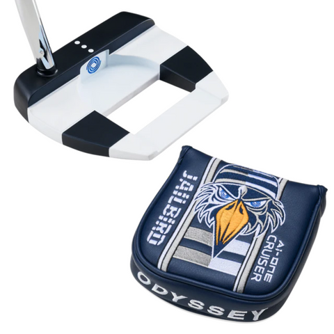 The Odyssey Jailbird Cruiser Putter (Left Handed) by Odyssey is a black and white high-MOI mallet putter shown above a navy blue cover featuring an illustrated bird in a striped beanie and scarf, with JAILBIRD and ODYSSEY lettering.