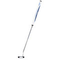 The Odyssey Jailbird Cruiser Putter (Left Handed) by Odyssey, featuring a sleek metal shaft, long white grip, and high-MOI black rectangular mallet head, is displayed on a plain white background.