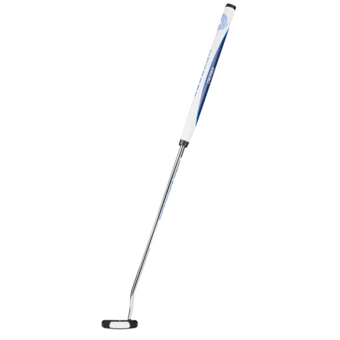 The Odyssey Jailbird Cruiser Putter (Left Handed) by Odyssey, featuring a sleek metal shaft, long white grip, and high-MOI black rectangular mallet head, is displayed on a plain white background.