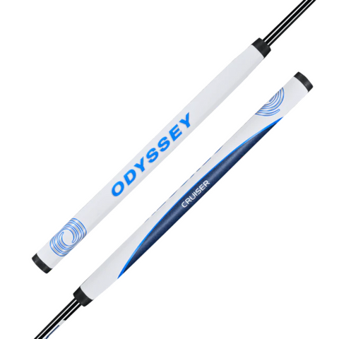 Two views of a mainly white grip with blue accents, ODYSSEY logo, and CRUISER name. The blue swirl is designed to match the Odyssey Jailbird Cruiser Putter | Left Handed by Odyssey.
