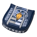 Protect your Odyssey Jailbird Cruiser Putter (Left Handed) with this navy blue Odyssey headcover, featuring an embroidered eagle, striped cap, and Jailbird plus AI-ONE CRUISER text—ideal for high-MOI mallet putters.