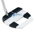 A close-up of a high-MOI mallet putter head with a silver shaft, center rectangular cutout, and blue circular logo near the base, similar to the Odyssey Jailbird Cruiser Putter | Left Handed by Odyssey.