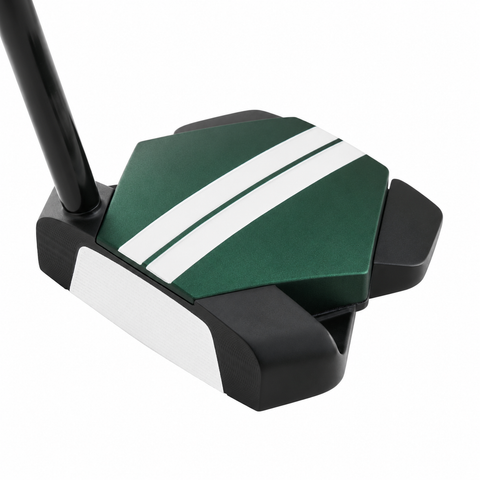 Odyssey TRTL Double Bend left-hand putter, angled face view showing the Ai-Star insert and double bend shaft; digitally adapted to left-hand orientation