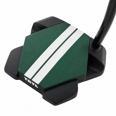 Odyssey TRTL Double Bend left-hand putter, rear three-quarter view showing the Twin Track lines; digitally adapted to left-hand orientation