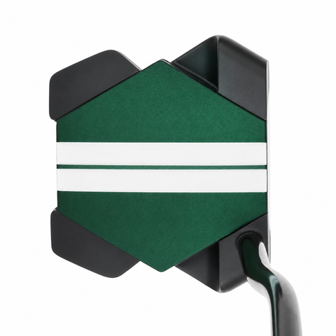 Odyssey TRTL Double Bend left-hand putter at address, digitally adapted to left-hand orientation