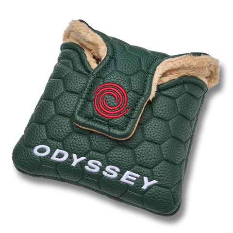 Odyssey TRTL green headcover, rear view showing the fastening flap and Odyssey embroidery