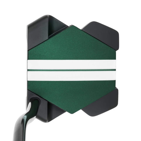 Odyssey TRTL Double Bend putter at address, showing the green head and white Twin Track alignment