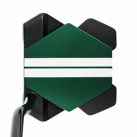 Odyssey TRTL Max Broomstick Double Bend putter head at address with Twin Track alignment